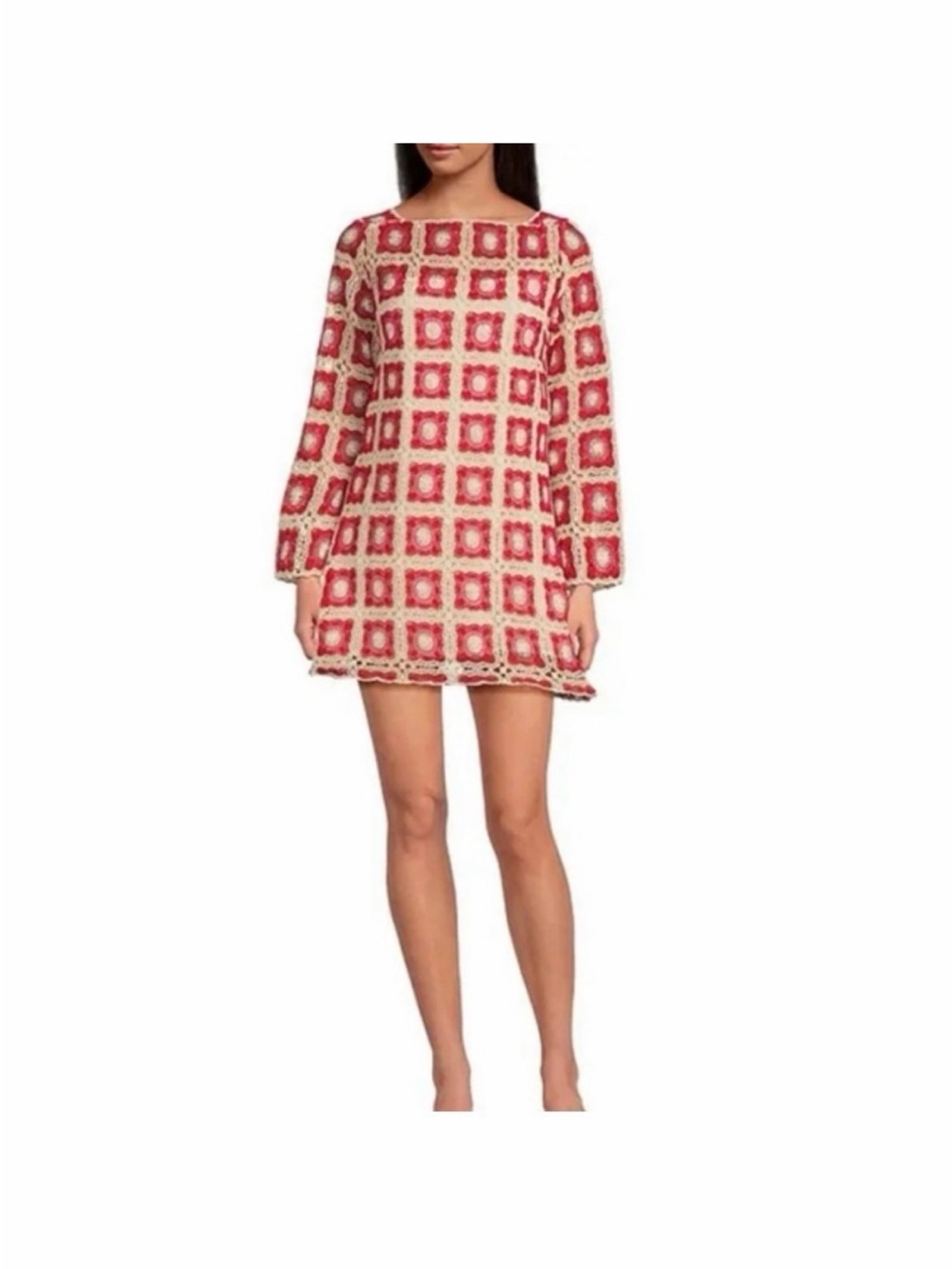 Chelsea & Violet Red and Cream Patterned Long-Sleeve Mini Dress